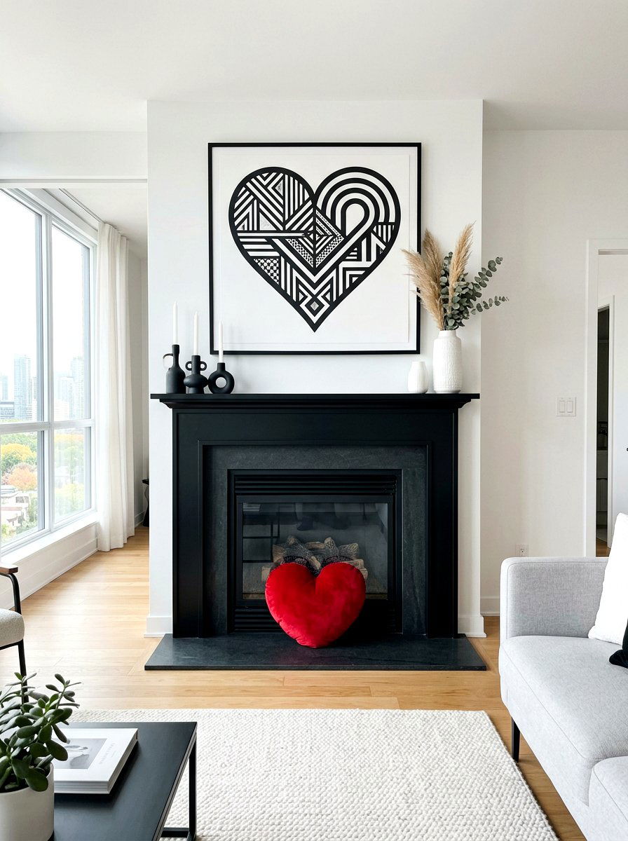 Modern Black White Heart Mantel - 30 Valentine mantel ideas