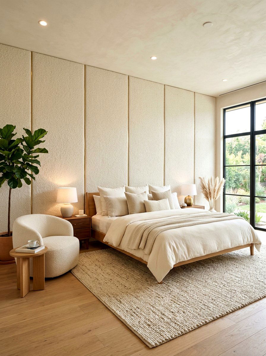 Modern Boucle Fabric Wall - 30 wall wrapped headboard ideas