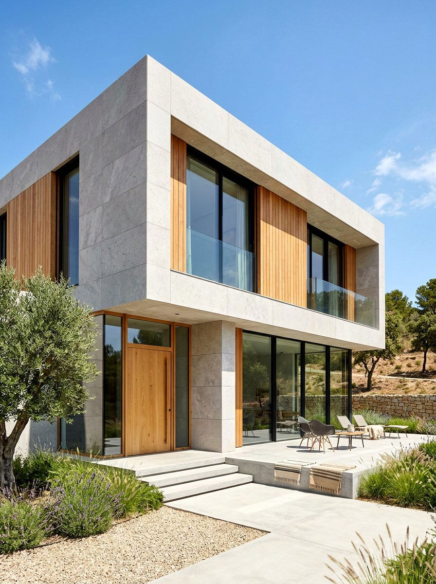 Modern Box House With Wood Insets And Stone Panels - 30 stone and wood exterior ideas