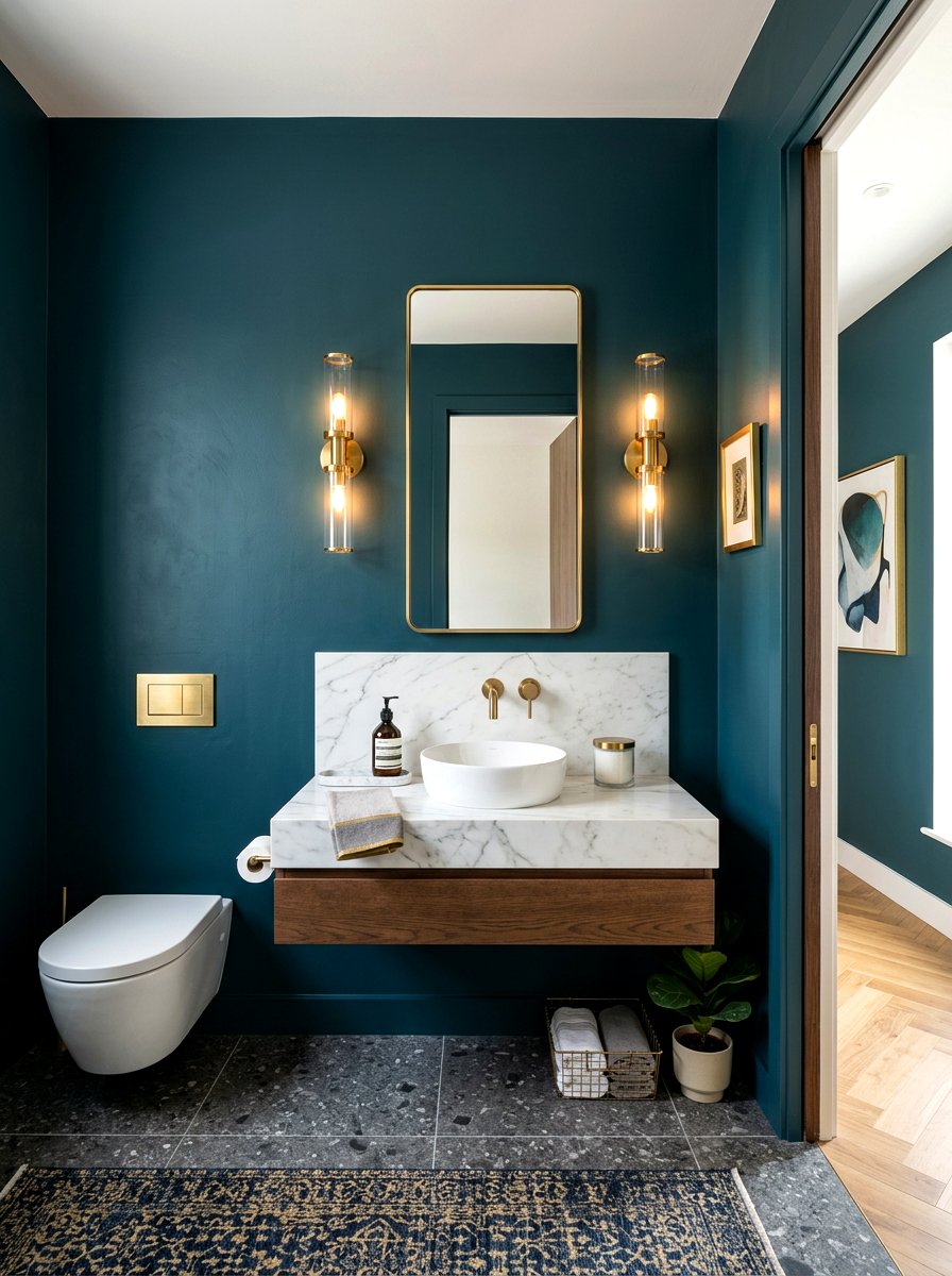 Modern Brass Sconces - 30 deep teal powder room ideas
