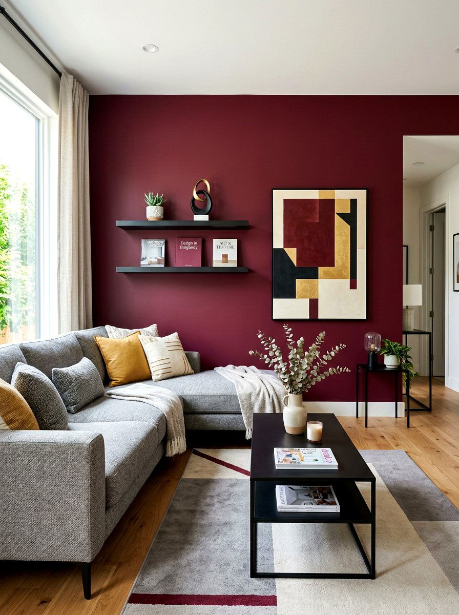 Modern Burgundy Accent Wall - 30 burgundy living room ideas