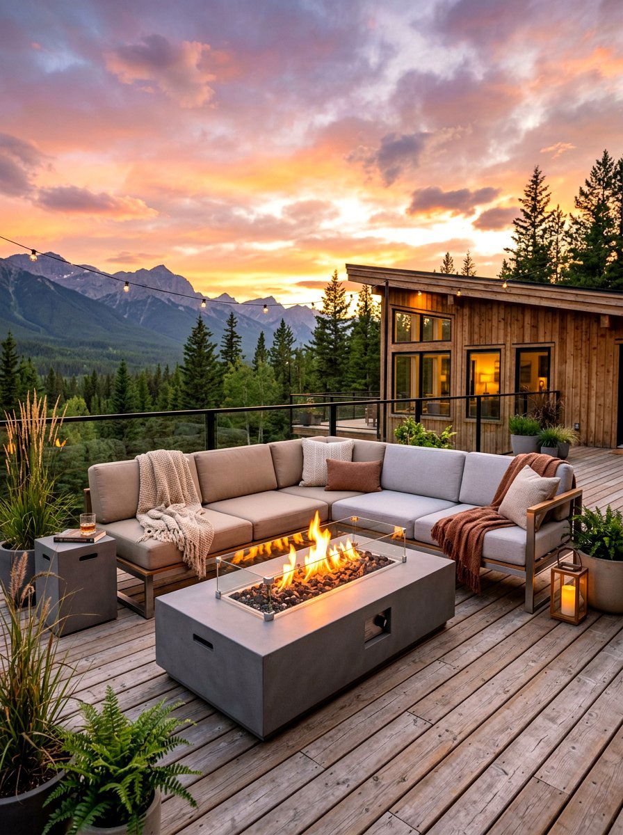 Modern Cabin Fire Table - 30 mountain cabin patio ideas