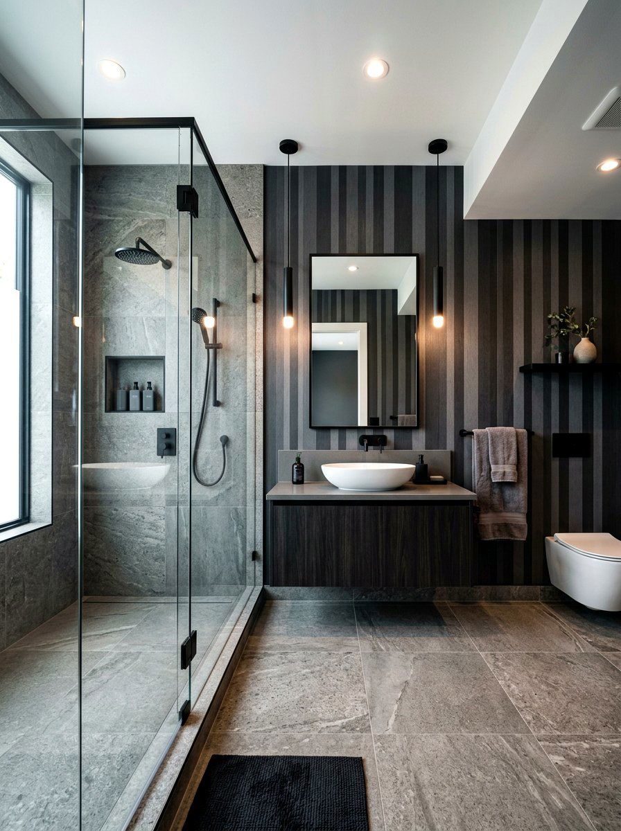 Modern Charcoal Striped Master Bath - 30 striped bathroom wallpaper ideas