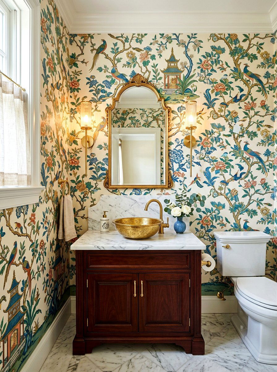 Modern Chinoiserie Wallpaper - 30 wallpapered powder room ideas