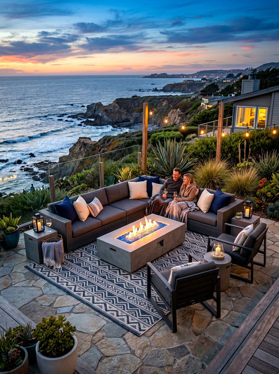 Modern Coastal Lounge With Fire Table - 30 coastal backyard ideas