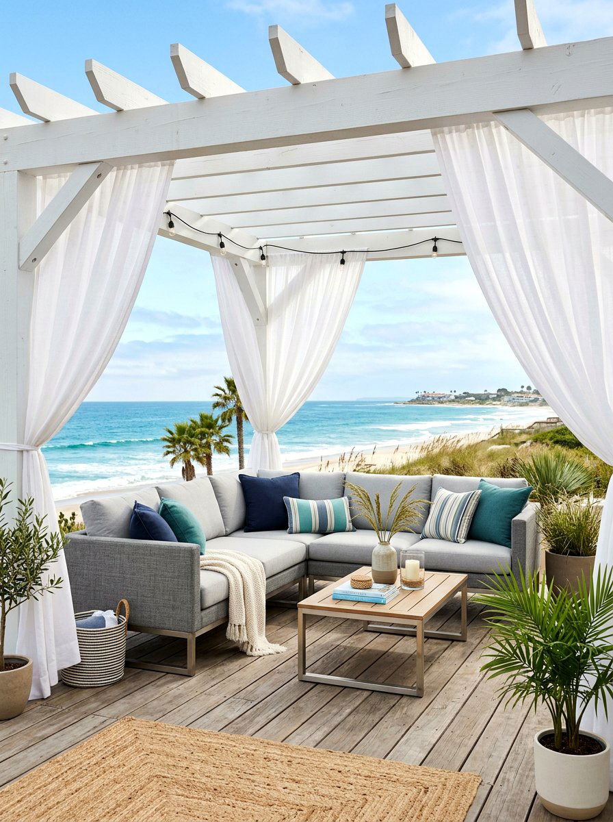 Modern Coastal Pergola With Curtains - 30 coastal backyard ideas