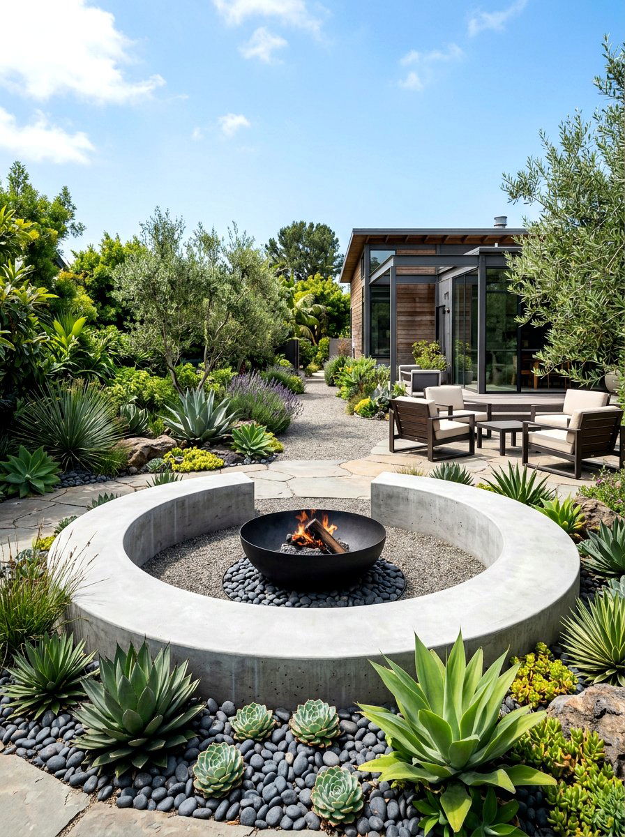 Modern Concrete Fire Circle - 30 backyard seating circle ideas