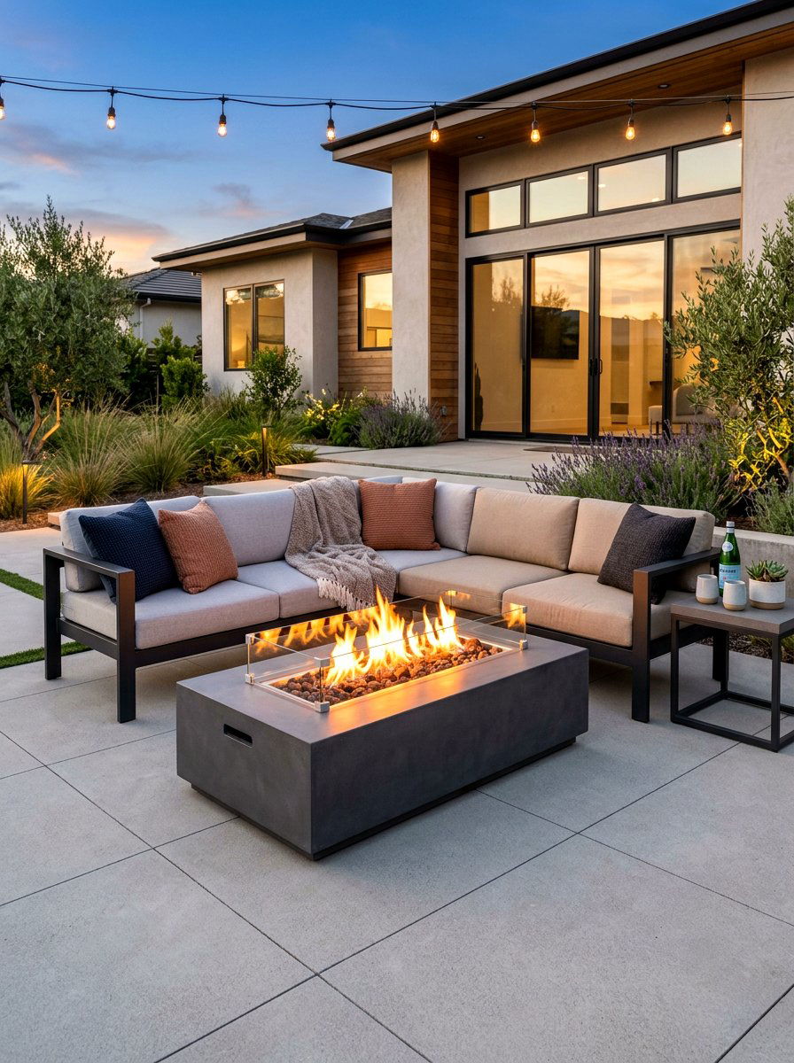 Modern Concrete Fire Table - 30 backyard retreat fire pit ideas