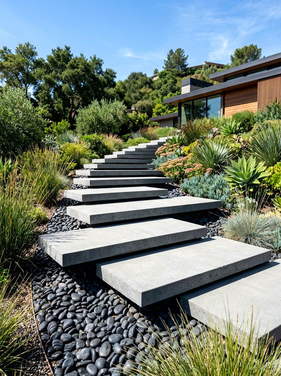 Modern Concrete Floating Steps - 30 front garden path ideas