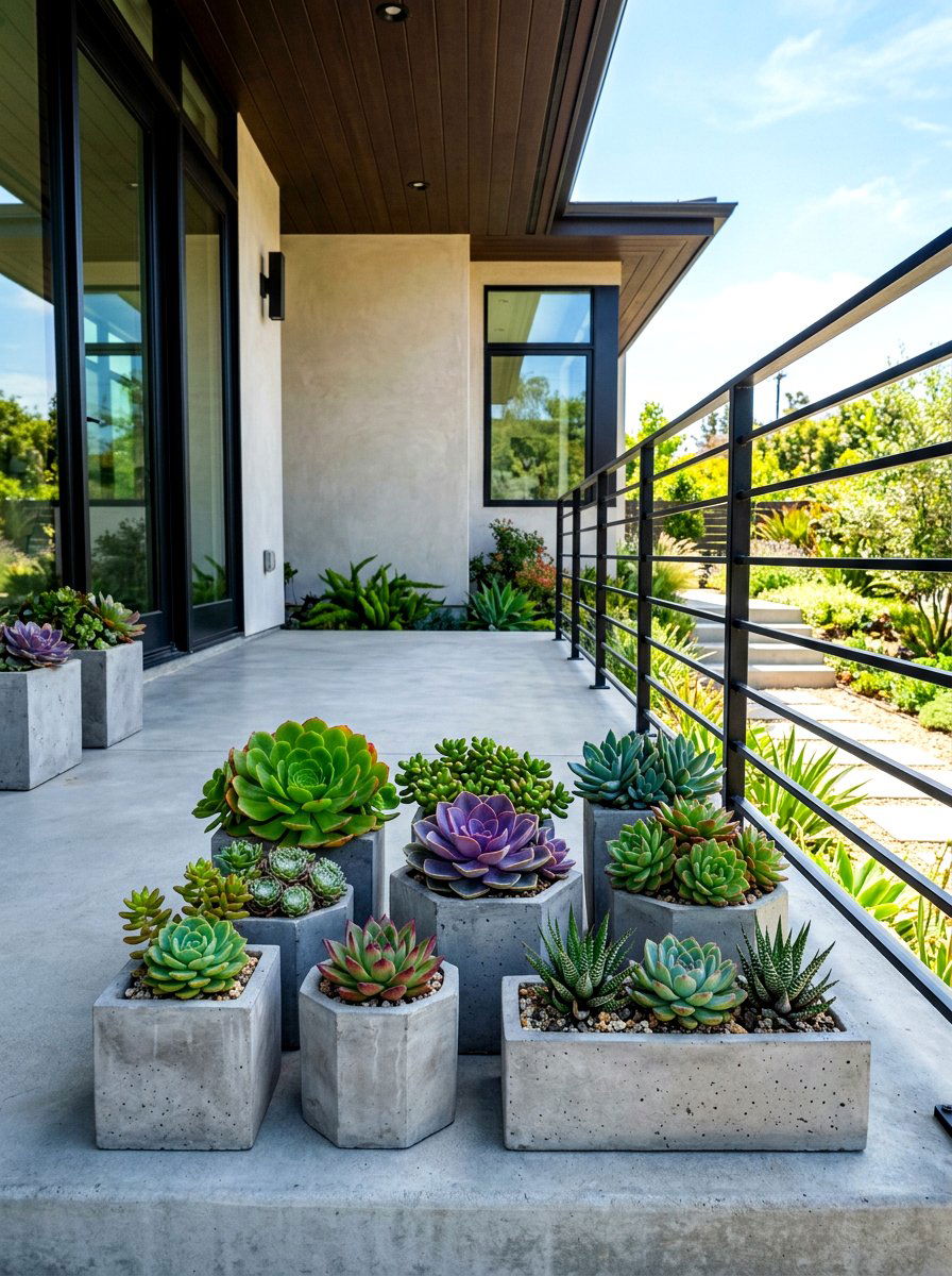Modern Concrete Succulent Display - 30 porch planter arrangement ideas for summer