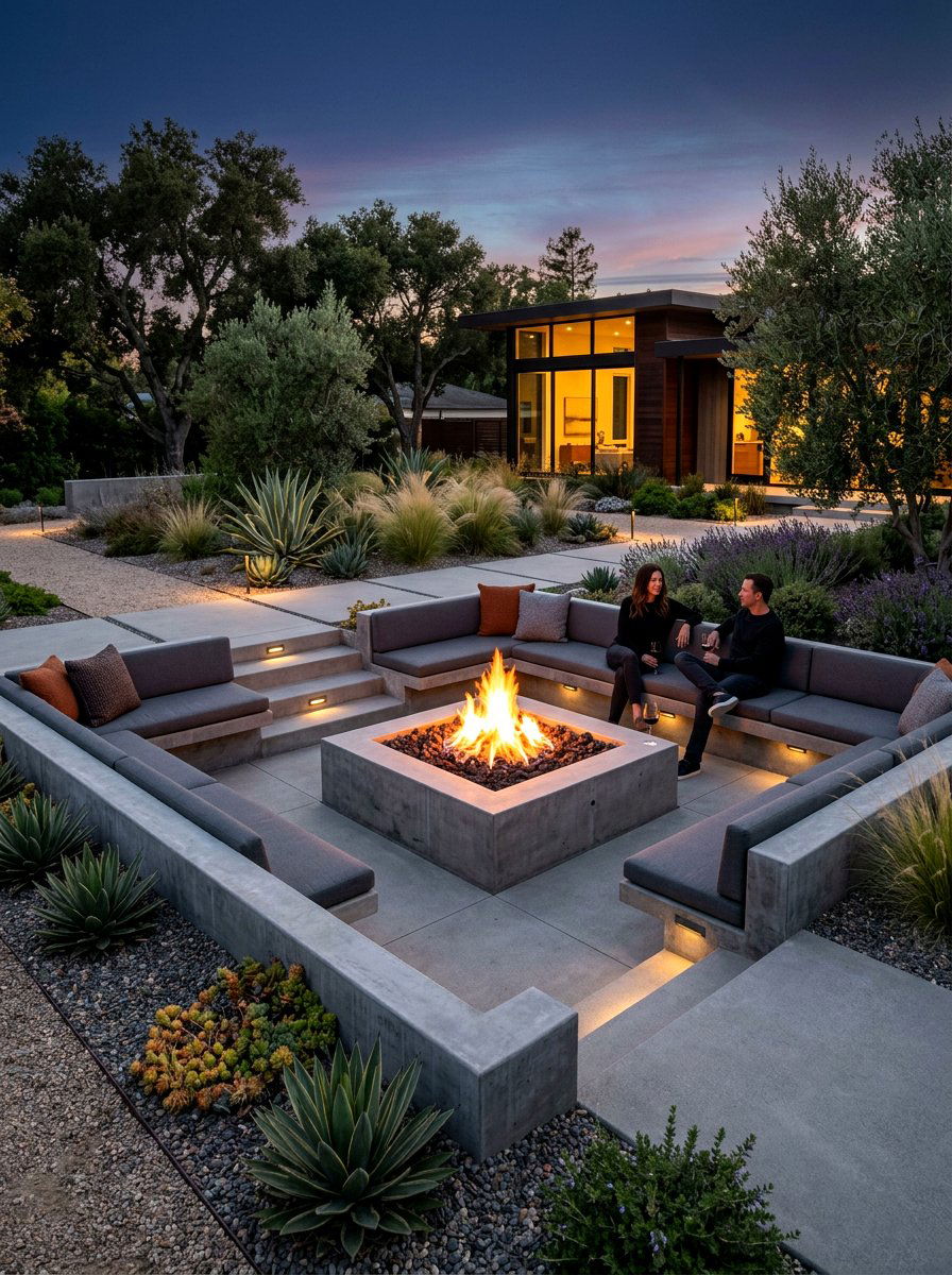Modern Concrete Sunken Fire Pit - 30 sunken backyard seating ideas