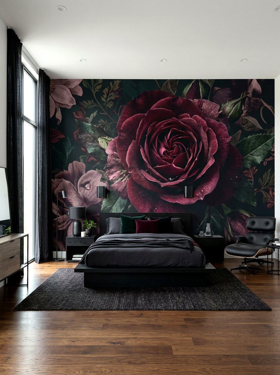 Modern Dark Floral Mural - 30 dark floral bedroom aesthetic ideas