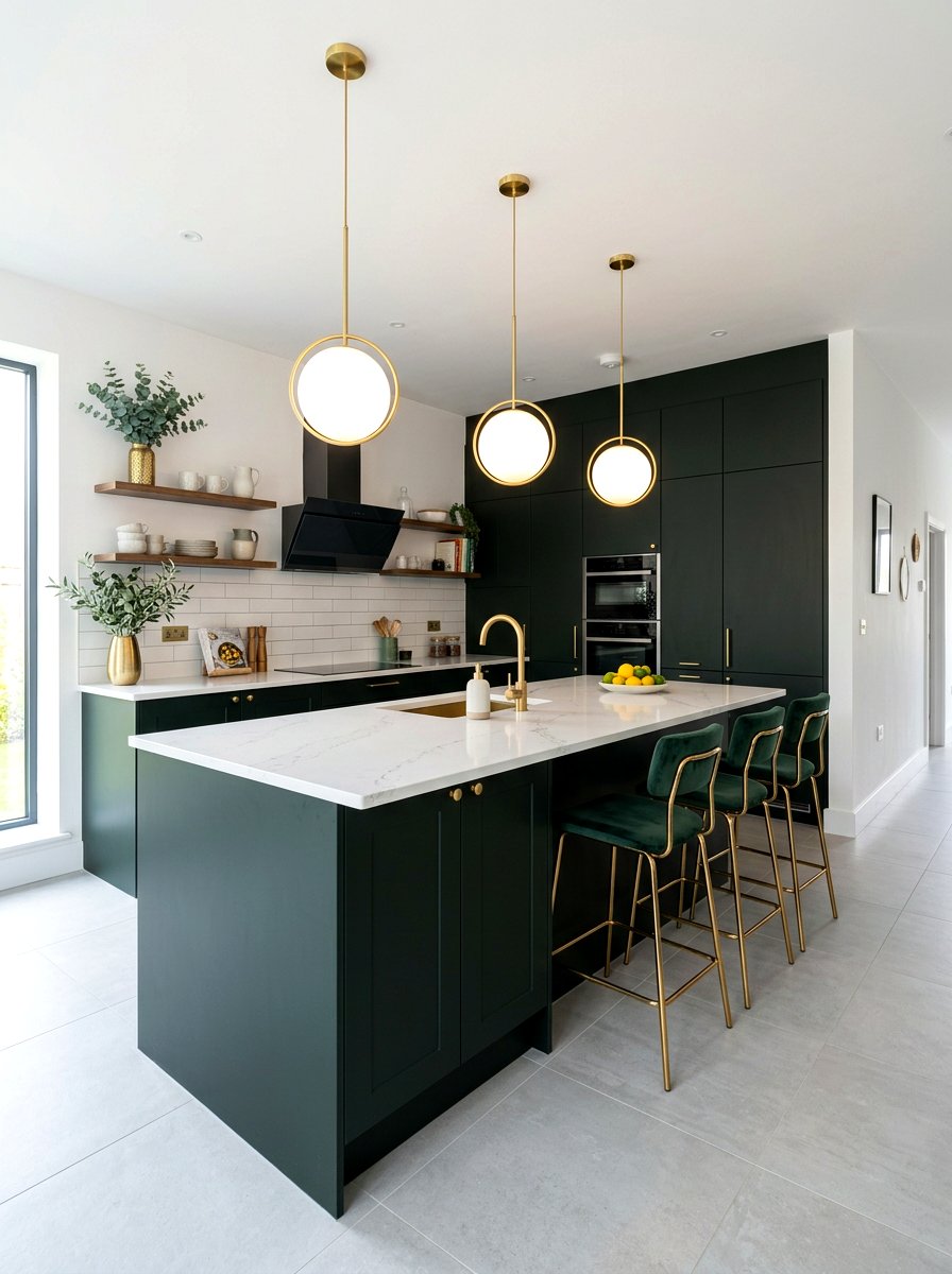 Modern Dark Green Island Gold Accents - 30 dark green kitchen island ideas
