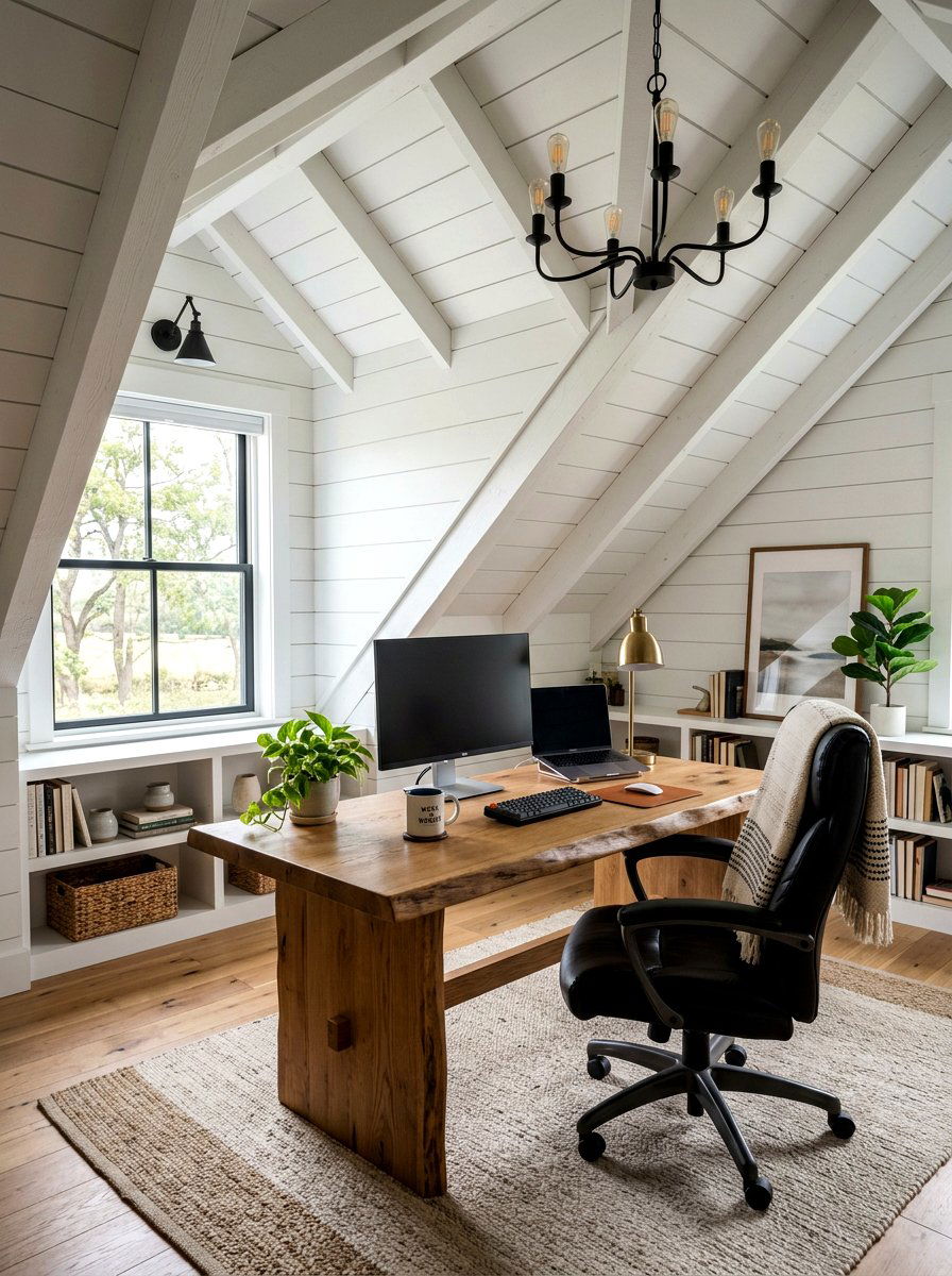 Modern Farmhouse Attic Office - 30 sloped ceiling office ideas