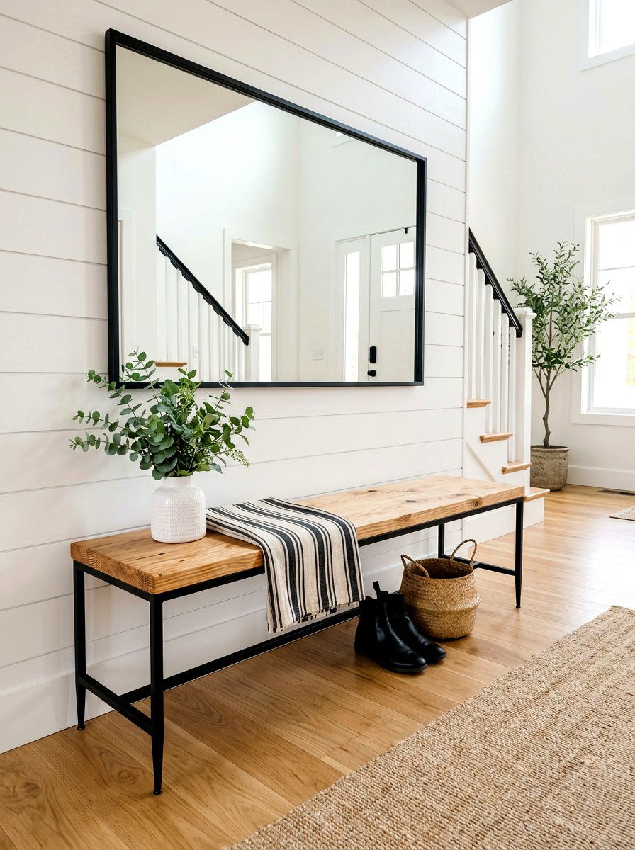 Modern Farmhouse Bench With Black Accents - 30 farmhouse entryway bench ideas