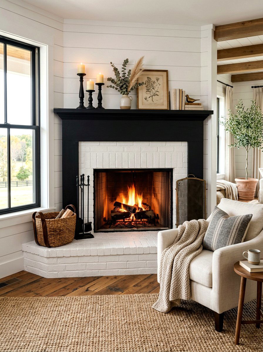 Modern Farmhouse Black Mantel - 30 corner fireplace ideas