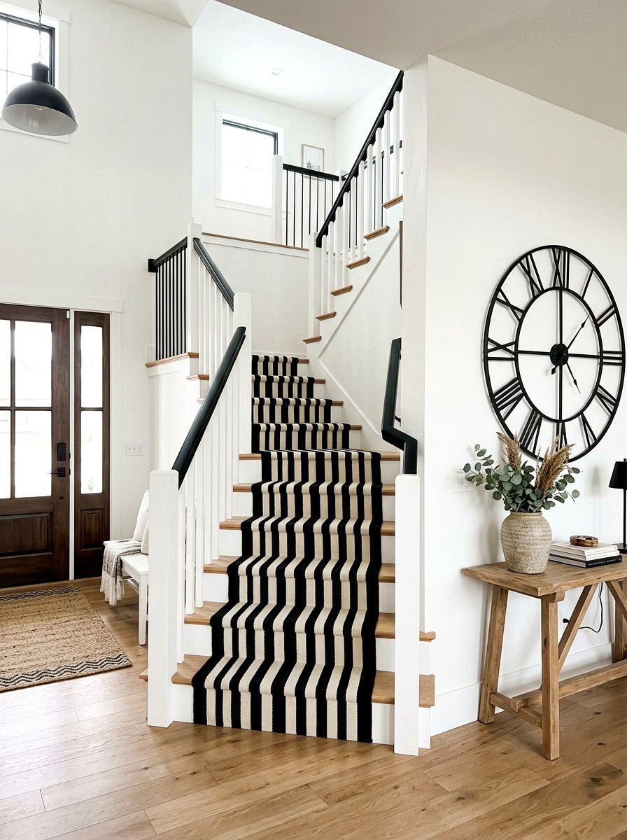 Modern Farmhouse Black Striped Stair Runner - 30 stair runner stripe ideas