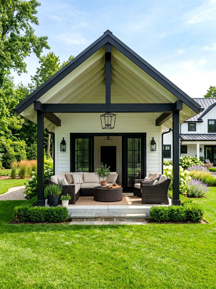 Modern Farmhouse Cabana With Black Trim - 30 backyard cabana lounge ideas