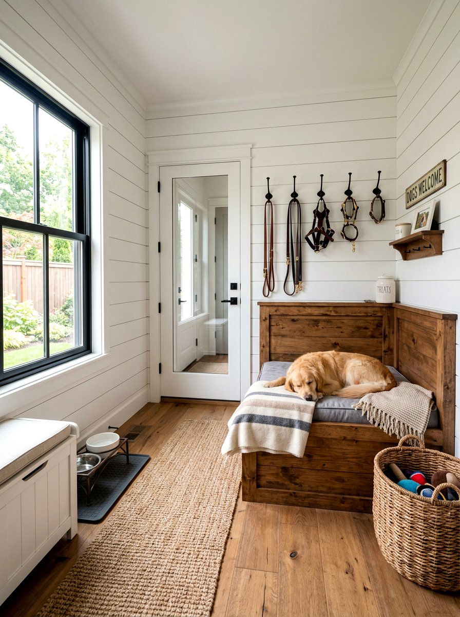 Modern Farmhouse Dog Room With Shiplap - 30 dog lounge room ideas