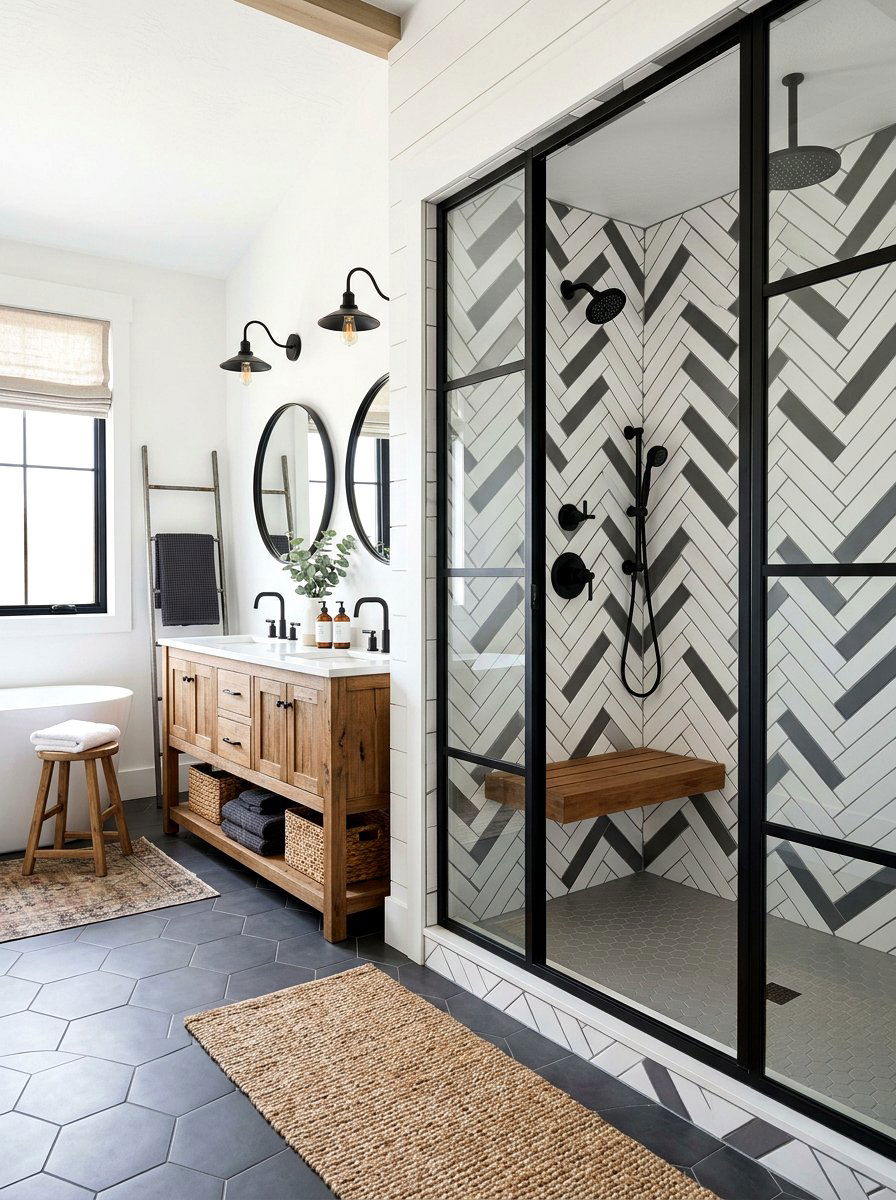 Modern Farmhouse Herringbone Shower - 30 herringbone shower tile ideas