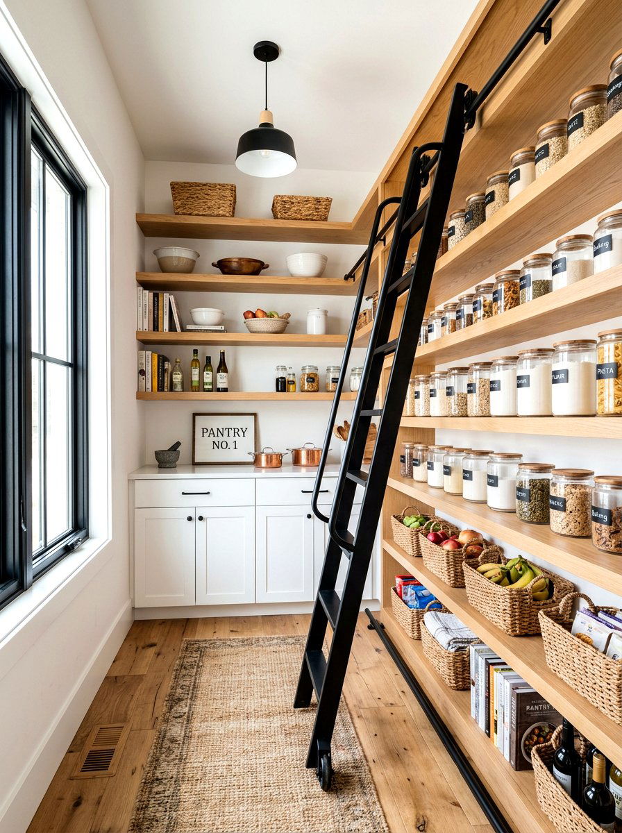 Modern Farmhouse Pantry With Black Metal Ladder - 30 pantry with library ladder ideas