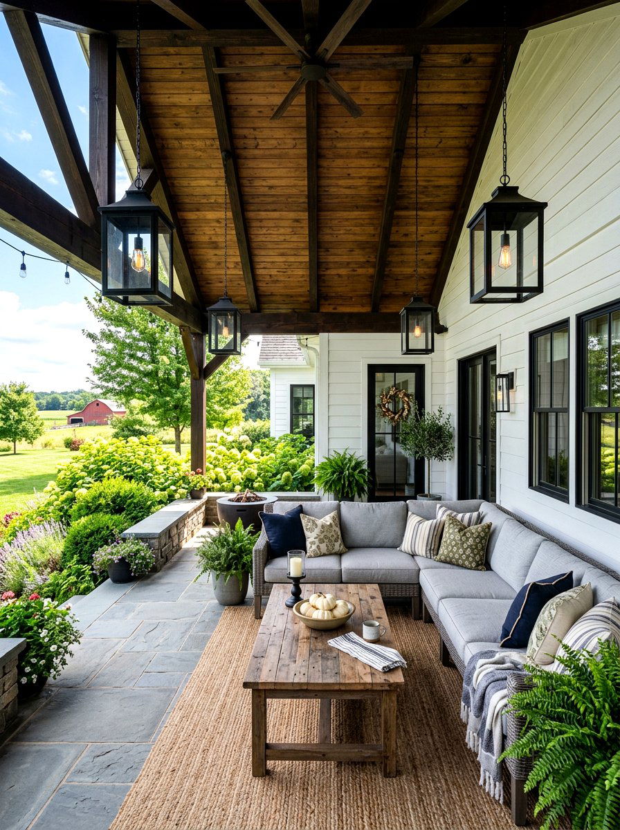 Modern Farmhouse Patio - 30 covered patio lounge ideas