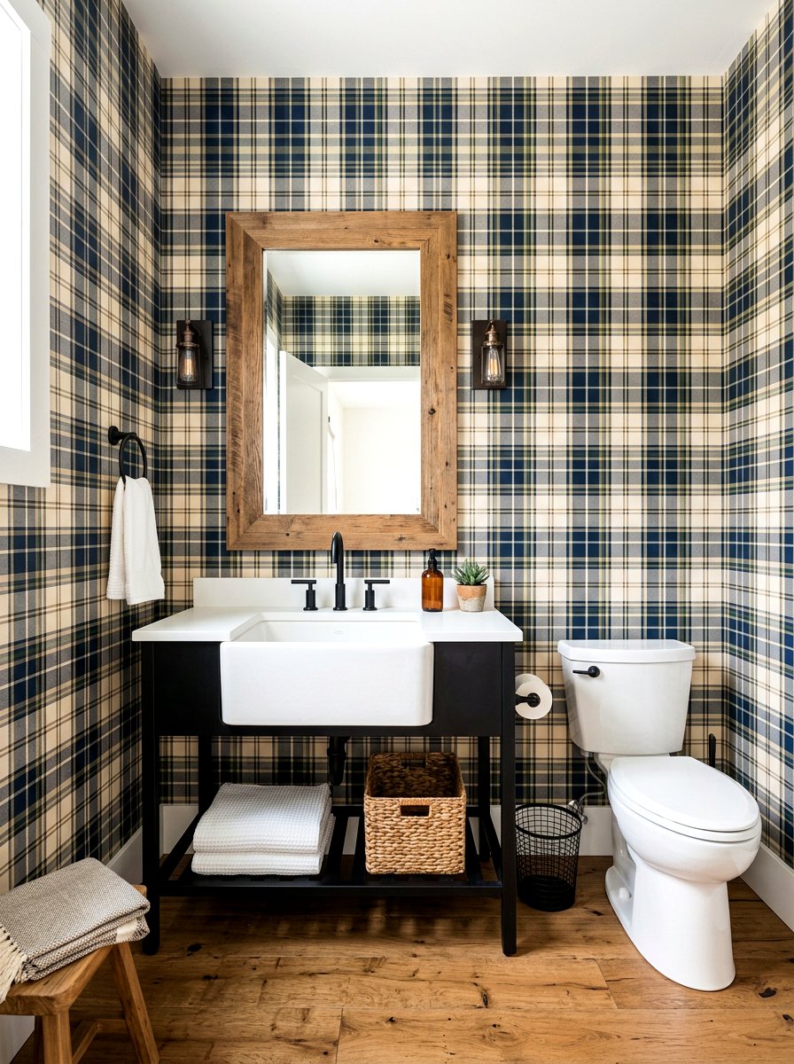 Modern Farmhouse Plaid Wallpaper - 30 wallpapered powder room ideas