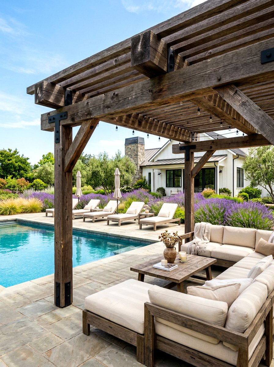 Modern Farmhouse Poolside Pergola - 30 poolside pergola lounge ideas