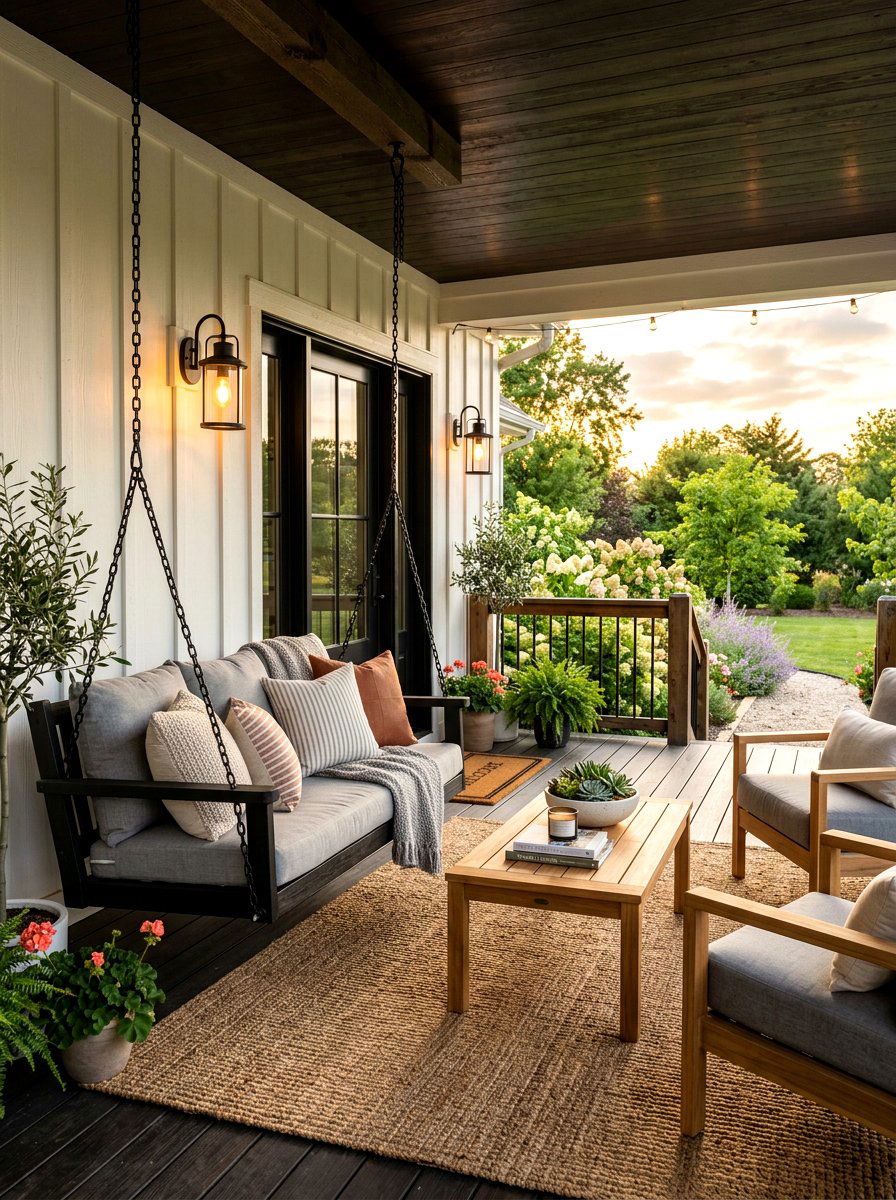 Modern Farmhouse Porch Lounge - 30 backyard lounge zone ideas