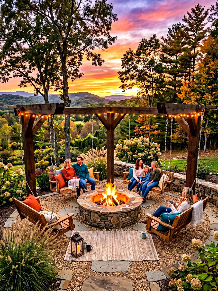 Modern Fire Pit With Swing Chairs - 30 backyard lounge zone ideas