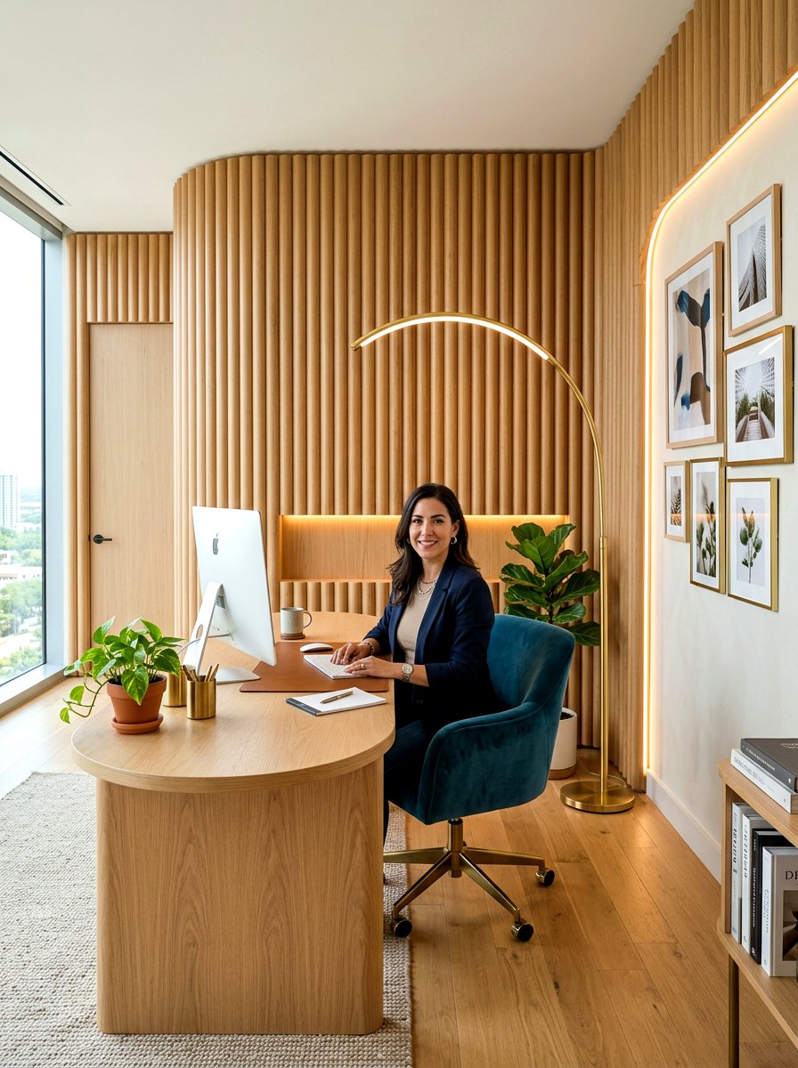Modern Fluted Wood Office - 30 wood paneled office ideas