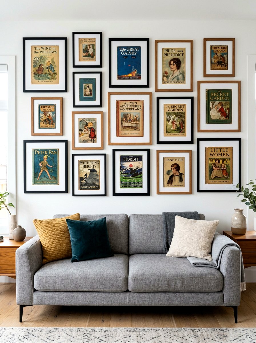 Modern Gallery Wall Using Framed Vintage Book Covers - 30 vintage book decor ideas