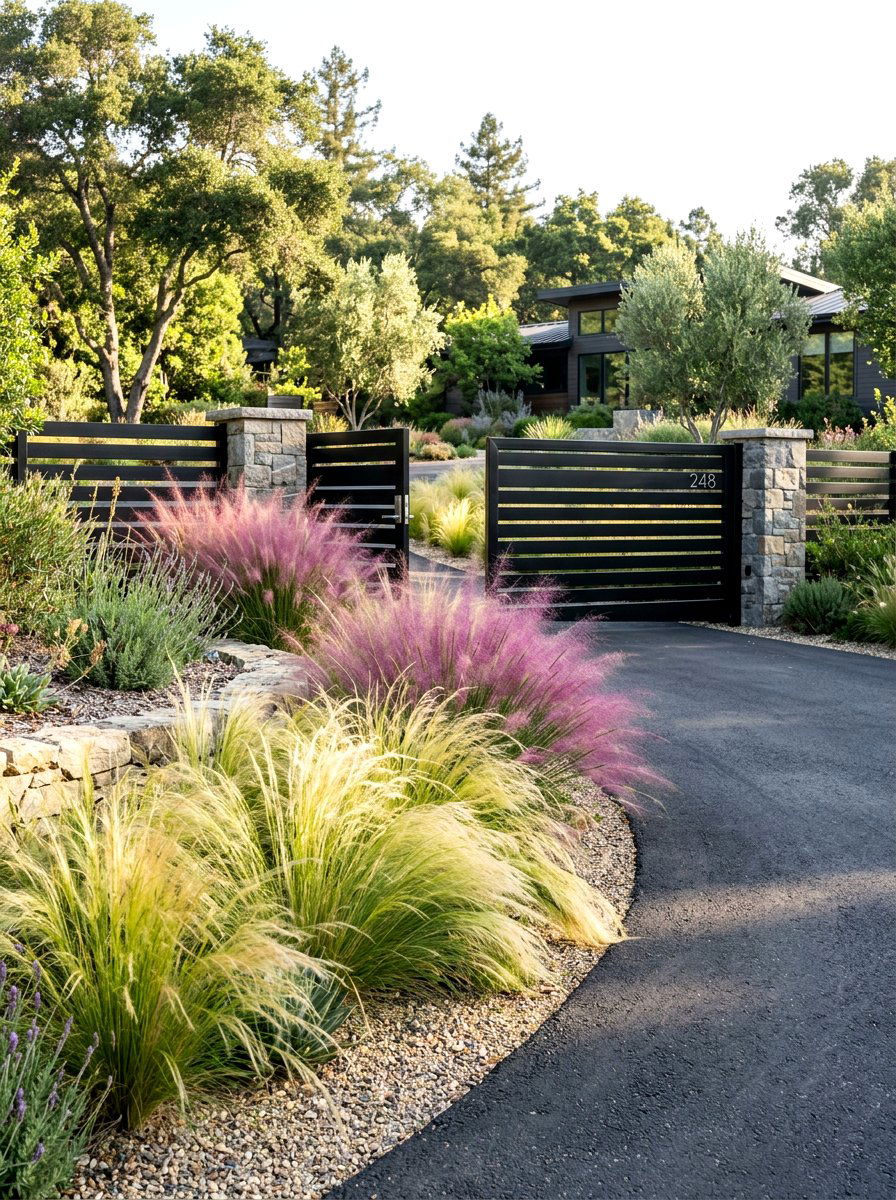 Modern Gate With Ornamental Grass - 30 driveway gate landscaping ideas