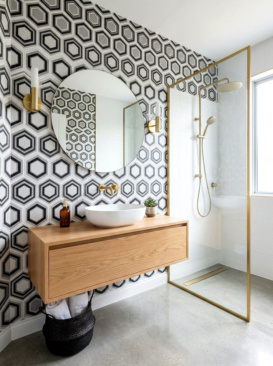 Modern Geometric Bathroom - 30 bathroom wallpaper ideas