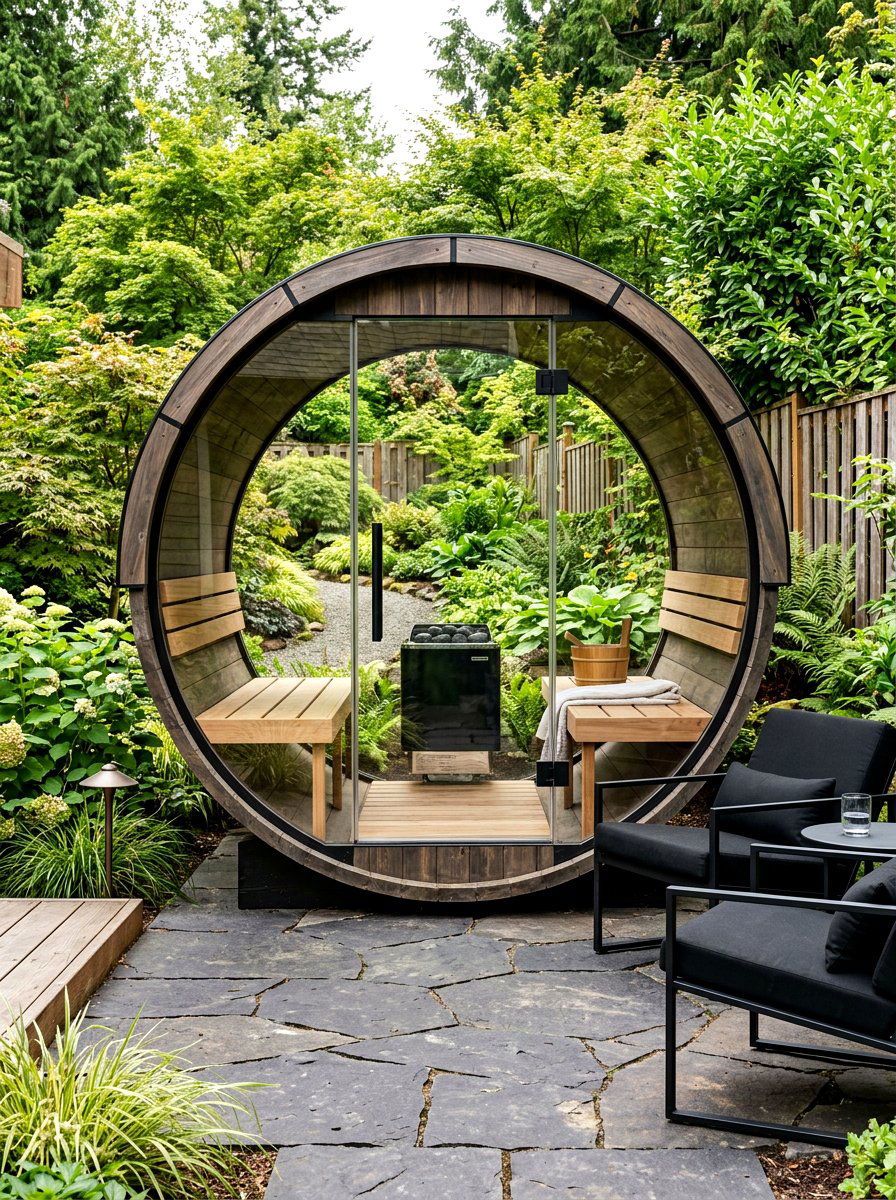 Modern Glass Barrel Sauna - 30 sauna patio retreat ideas
