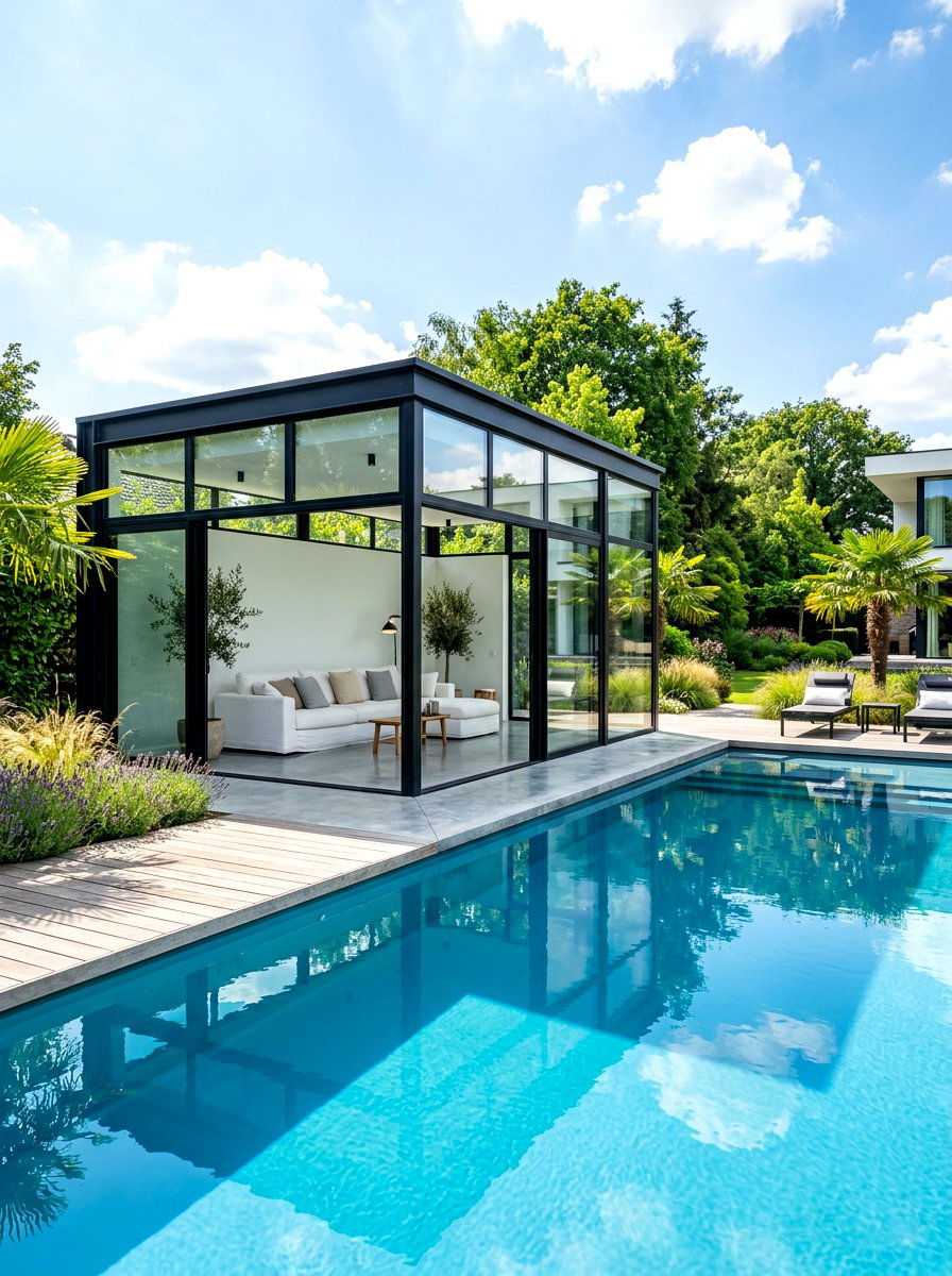 Modern Glass Pool House - 30 pool house lounge backyard ideas