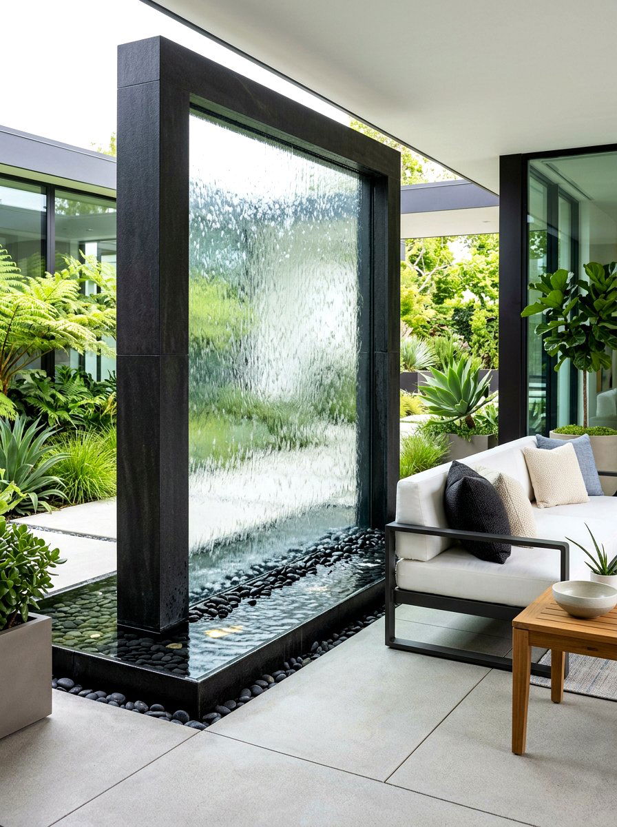 Modern Glass Water Wall - 30 backyard water feature ideas