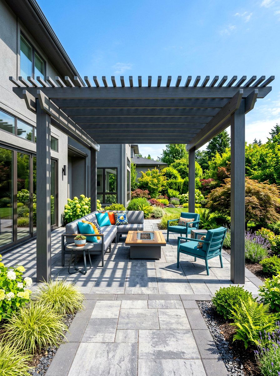 Modern Gray Composite Pergola - 30 poolside pergola lounge ideas