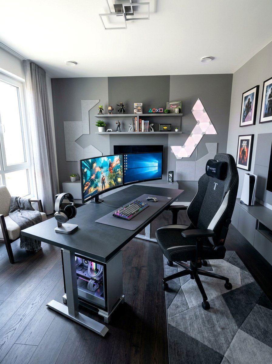 Modern Gray Gaming Room Setup - 30 gaming teen nook ideas