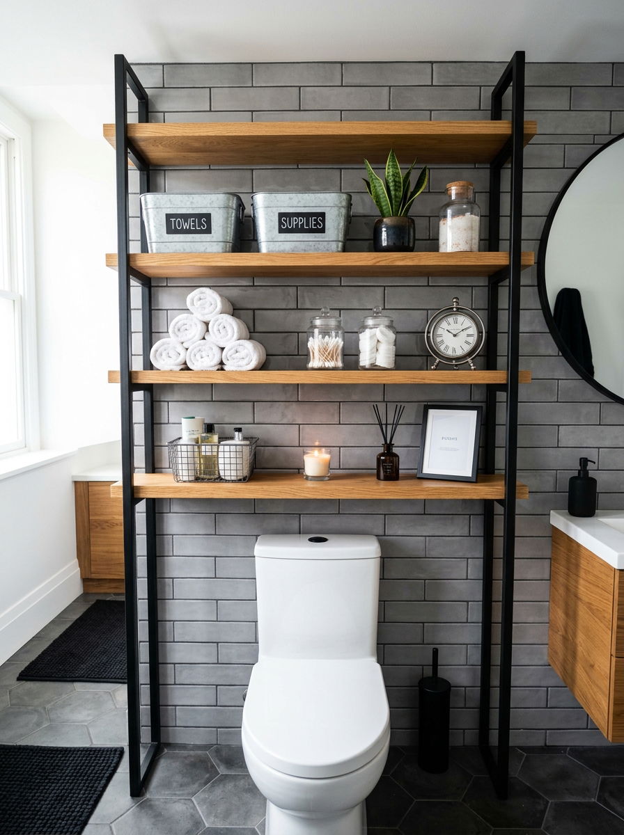 Modern Industrial Metal Shelf - 30 over toilet cabinet ideas