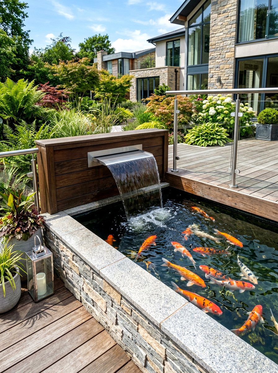 Modern Koi Spillway - 30 outdoor courtyard fountain ideas