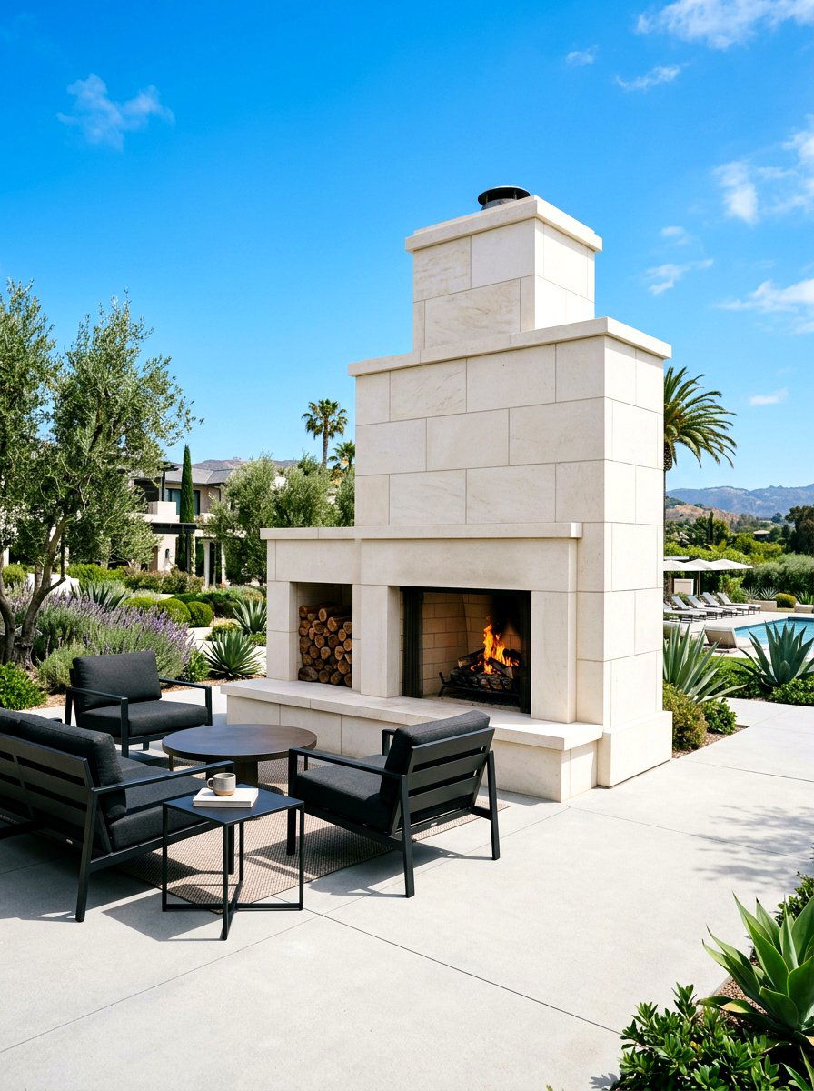 Modern Limestone Outdoor Fireplace - 30 stone outdoor fireplace ideas