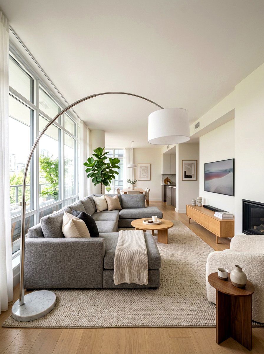 Modern Living Room Arc Floor Lamp - 30 layered lamp living room ideas