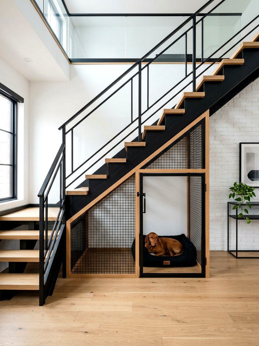 Modern Metal Mesh Dog Crate - 30 under stairs dog nook ideas