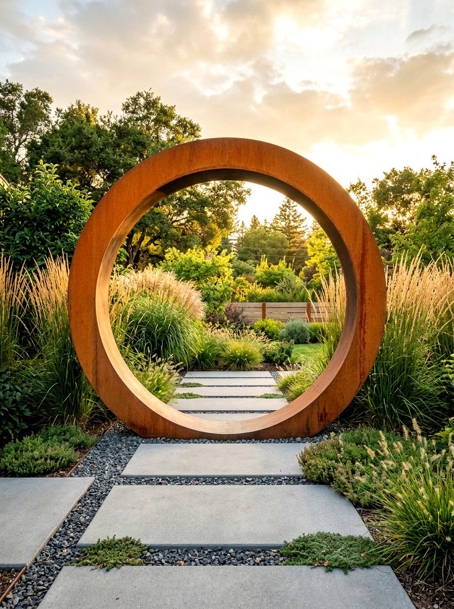 Modern Metal Moon Gate - 30 moon gate backyard ideas