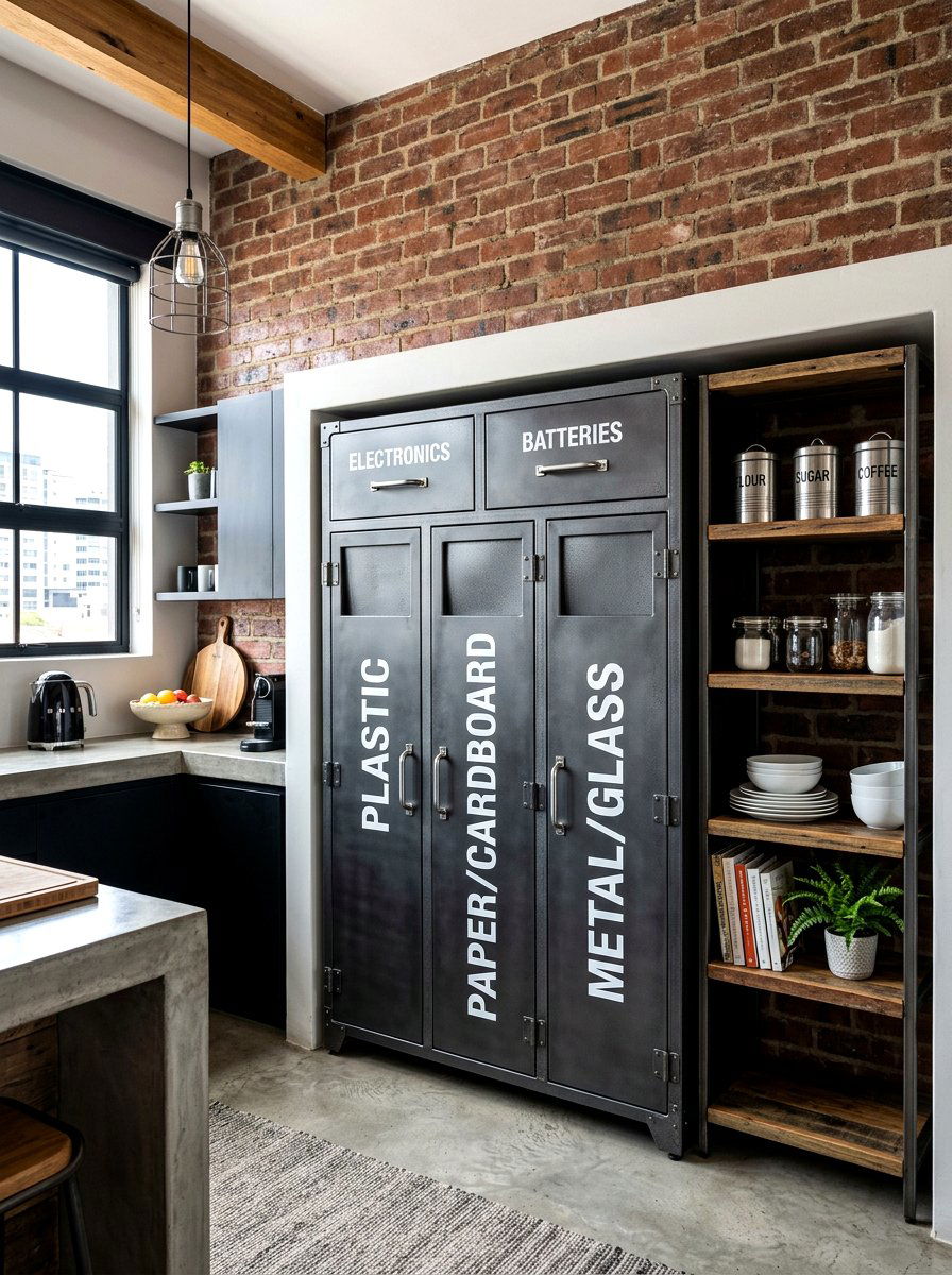 Modern Metal Recycling Cupboard - 30 hidden recycling bin ideas