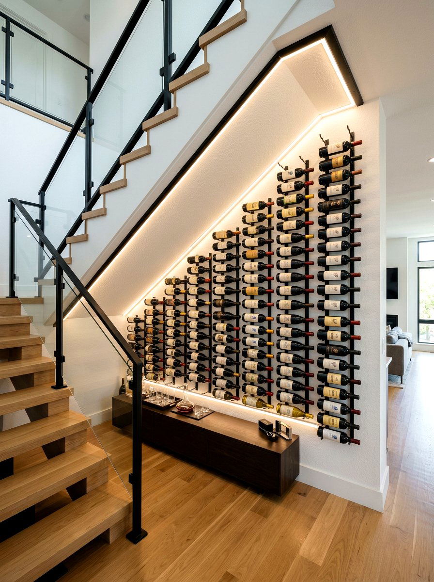 Modern Metal Wine Wall - 30 under stairs wine nook ideas