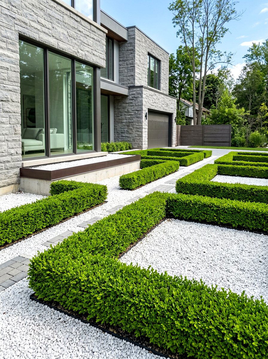 Modern Minimalist Boxwood Grids - 30 foundation flower bed ideas