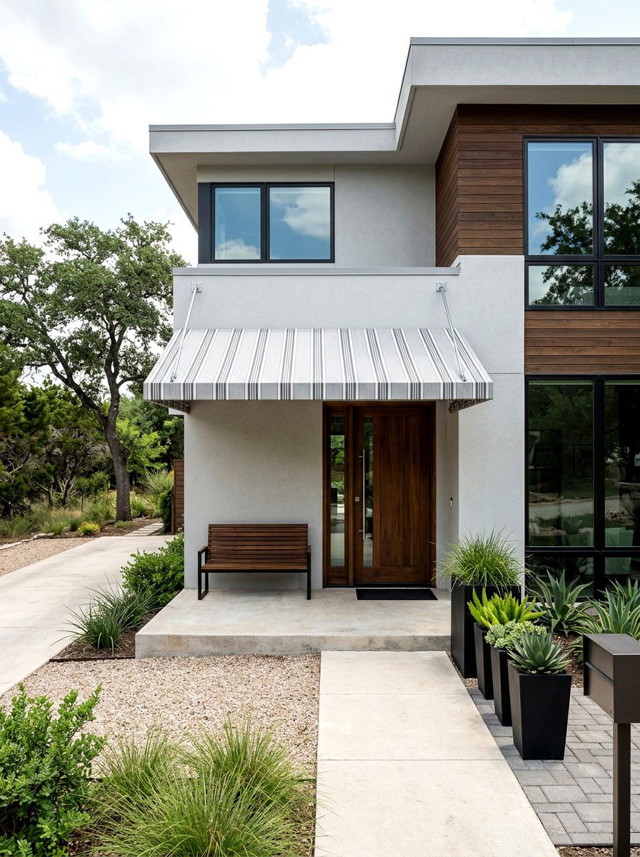 Modern Minimalist Gray Striped Awning - 30 striped awning front porch ideas