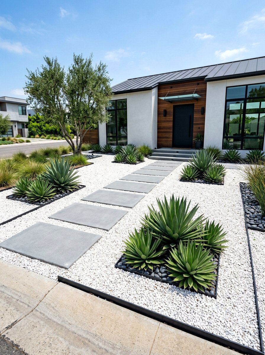 Modern Minimalist Landscaping - 30 white gravel front yard ideas
